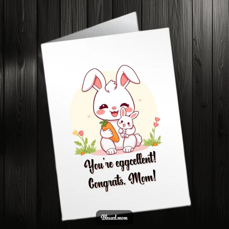 Free printable congratulations card with a bunny mom holding a baby bunny and offering a carrot.