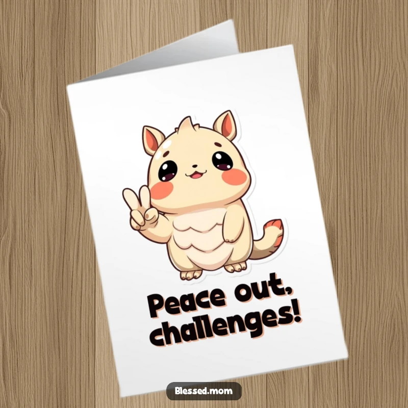 Funny Free Printable Congratulations Card: Grateful creature looking up, holding peace sign, celebrating success, funny, downloadable art.