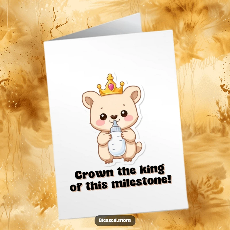 Funny Free Printable Congratulations Card: Tiny crowned animal holding a baby bottle, wearing a crown, looking proud.