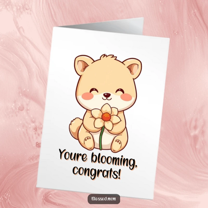 Funny Free Printable Congratulations Card featuring a smiling animal cradling a flower, symbolizing sweet success.
