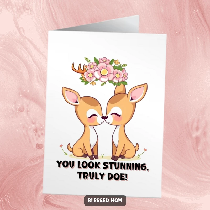 Cute Free Printable Congrats Card: Kawaii deer mom looks lovingly at a flower crown, celebrating success with grace.