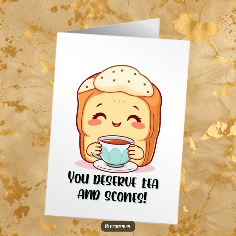 Free Printable Congrats Card: Smiling mother scone offers tiny tea cup, celebrating your big success. A sweet DIY gift.