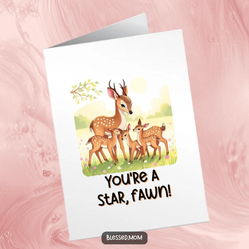 Free Printable Congrats Card: Graceful deer mom nuzzling fawns in a meadow, celebrating your amazing achievement. A thoughtful DIY gift.