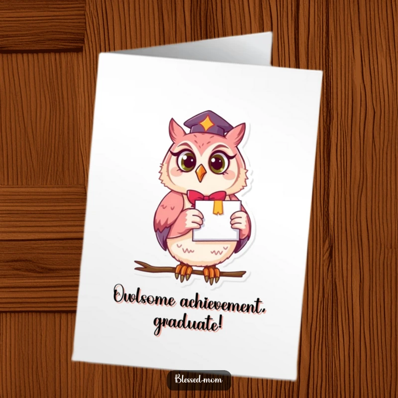 Funny Free Printable Congrats Card: Enthusiastic owl mom holds up a diploma, celebrating graduation and achievements.