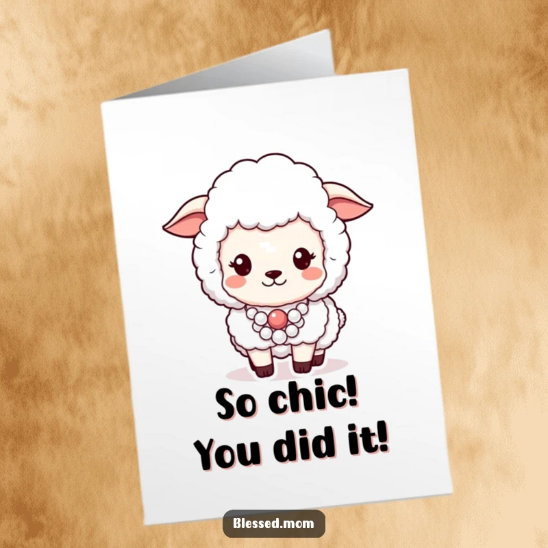 Funny Free Printable Congrats Card: A fluffy sheep proudly displaying a pearl necklace, elegant and ready to celebrate achievements.