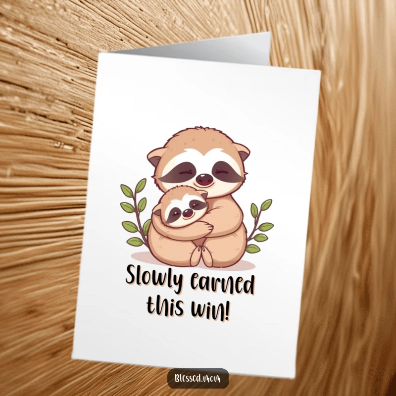 Funny Free Printable Sloth Congratulations Card: Kawaii mama sloth hugging her baby sloth, celebrating achievements.