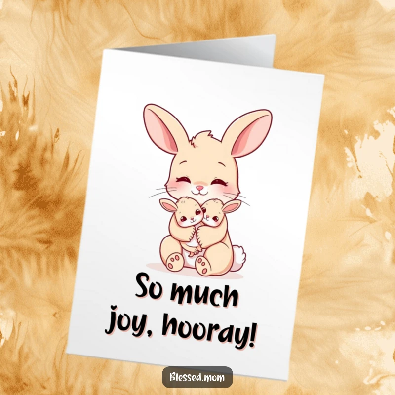 Funny Free Printable Congratulations Card: Bunny Mom Holding Tiny Baby Bunny in a Loving Embrace to Share Joy