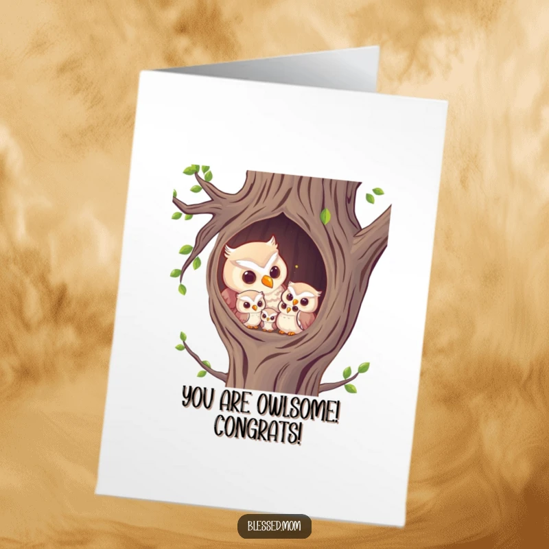 Free Printable Congrats Card: Wise owl mom hooting to owlets in a cozy tree, celebrating your fantastic news. A sweet DIY gift.