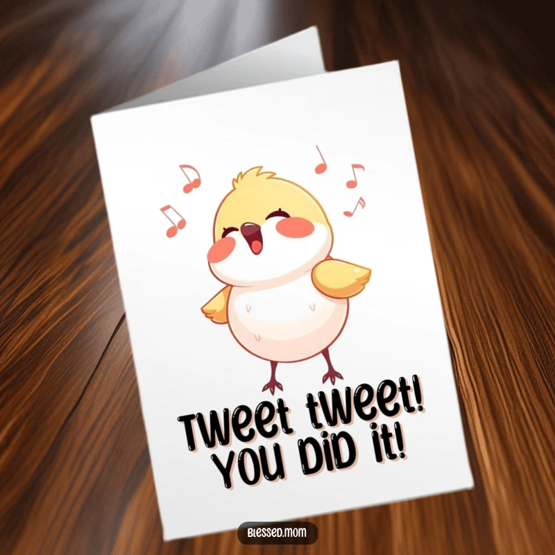 Free Printable Congratulations Card: A small bird joyfully singing its heart out, illuminated by glowing light, celebrating success.