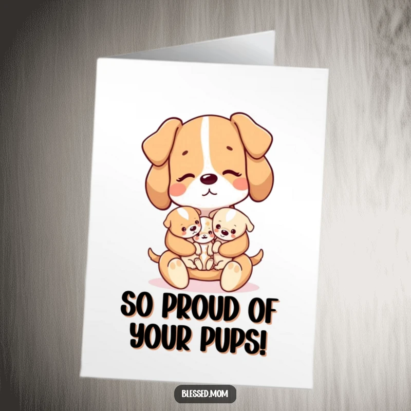 Funny Free Printable Kawaii Dog Mom cradling a litter of tiny puppies for a congratulations card.