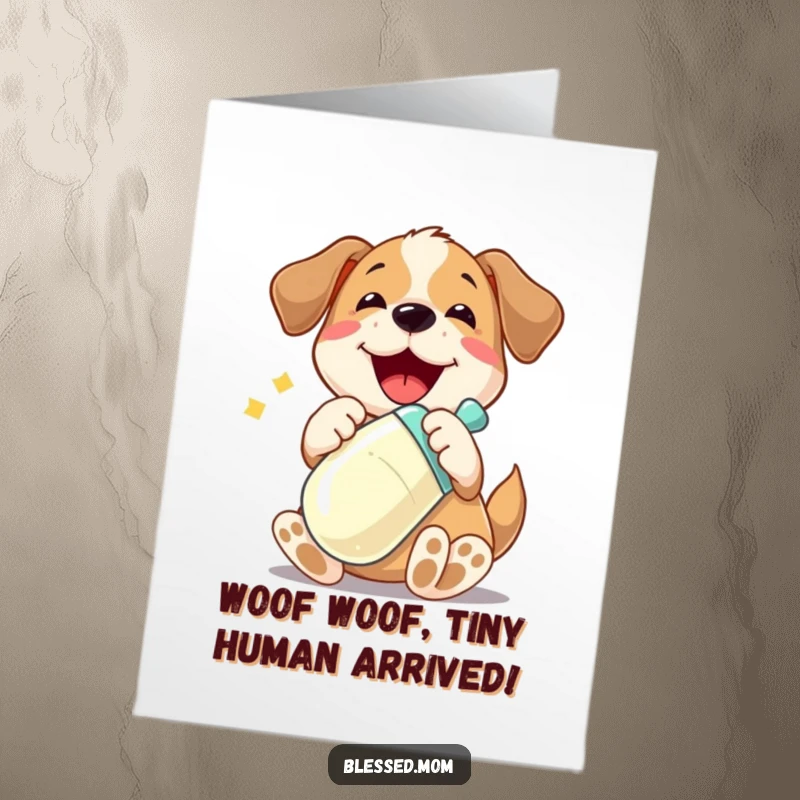 Funny free printable congratulations card showing a playful dog joyfully holding a shiny baby bottle, celebrating a new family member.