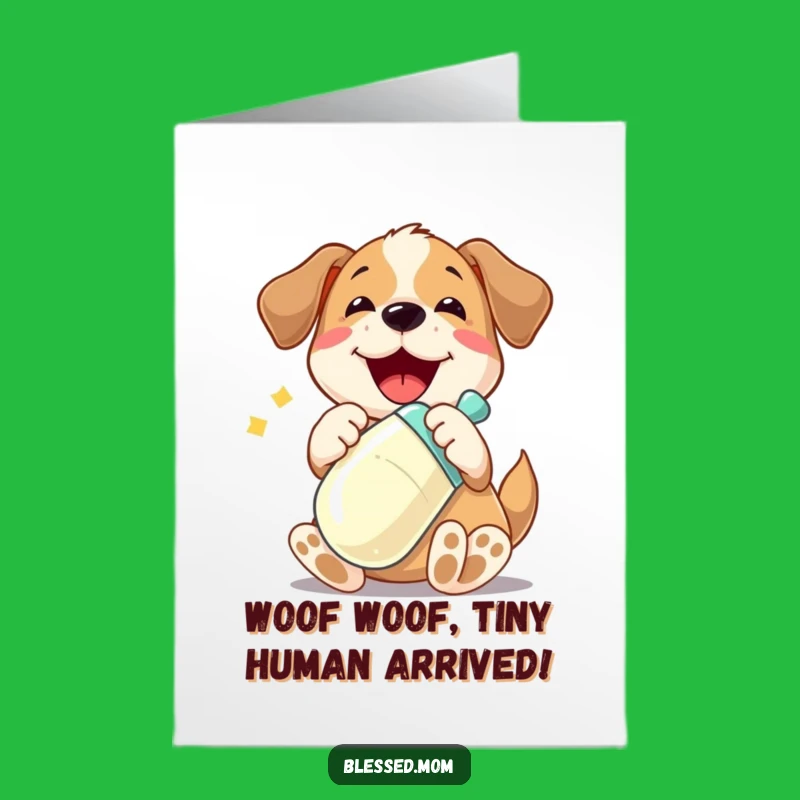 Free Printable Congrats Card: Playful Dog Baby Bottle - Funny Downloadable Gift