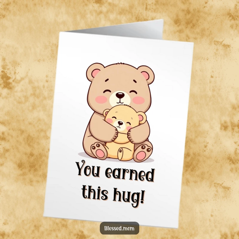 Funny Free Printable Congratulations Card: A kawaii mama bear hugging her cub tightly with affection for their success.