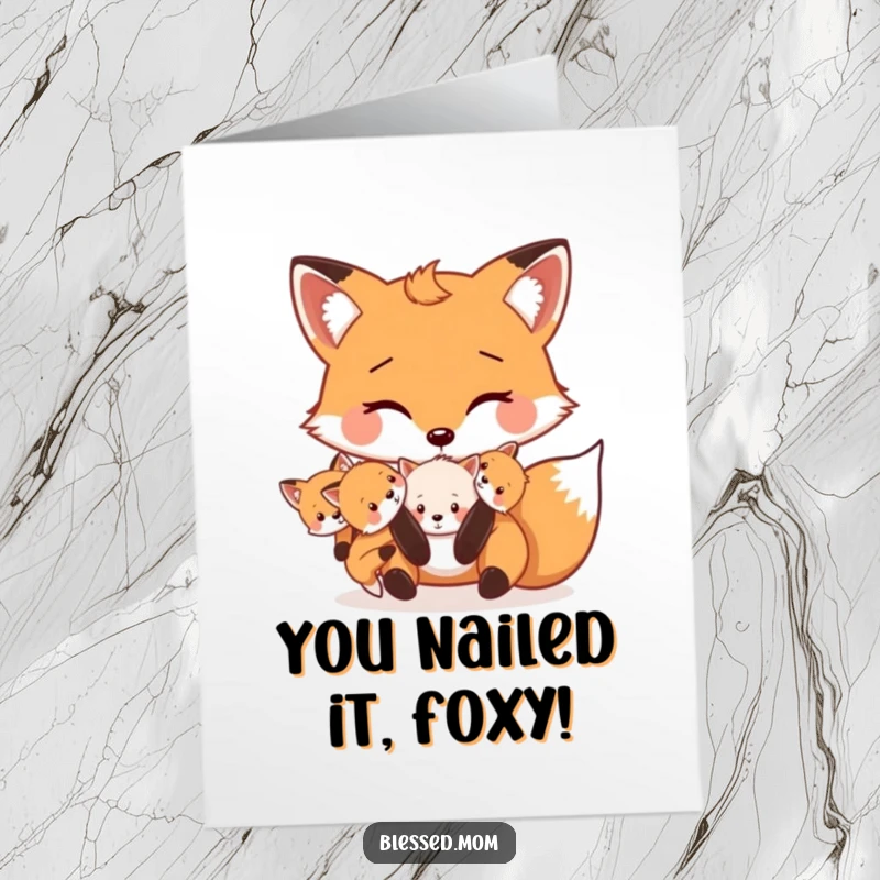 Funny Free Printable Fox Congratulations Card: Kawaii mama fox playfully carrying her kits, celebrating achievements.