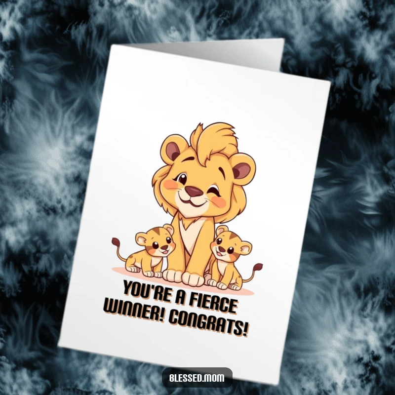 Free printable congratulations card featuring a proud lioness observing her playing cubs.