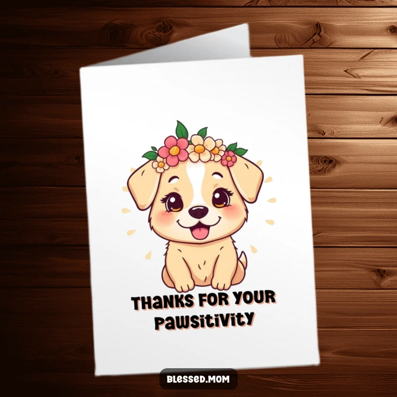Funny Free Printable Thank You Card: Dog Mom with Flower Crown Radiating Happiness to Say Thank You