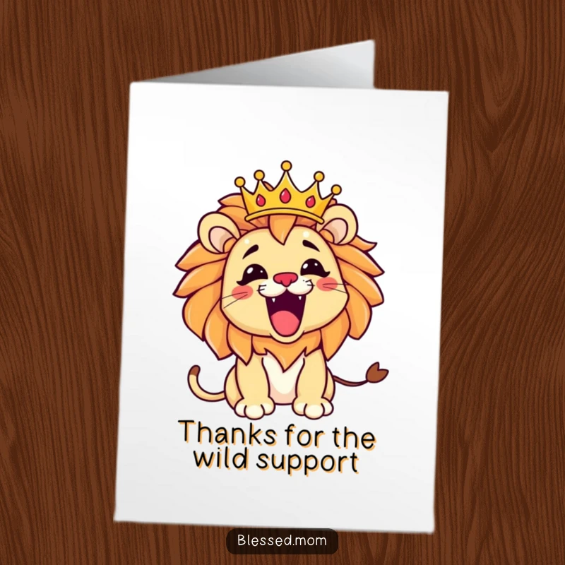 Funny Free Printable Thank You Card: Kawaii lion mom roars playfully with a crown, a majestic DIY gift.