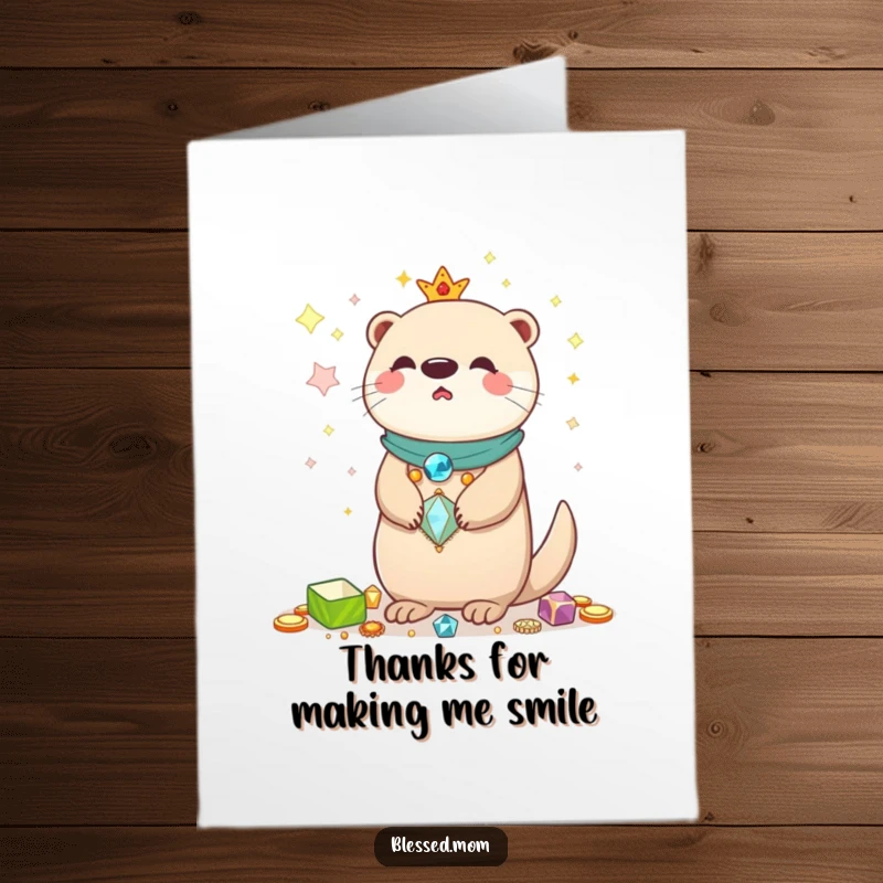 Funny Free Printable Thank You Card: Kawaii otter mom balances shiny treasures, a glittering DIY thank you.
