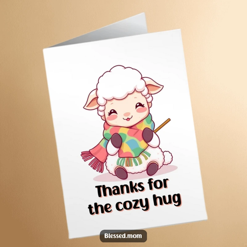 Funny Free Printable Thank You Card: Kawaii sheep mom knitting joyfully, a warm and cozy gesture for a DIY gift.