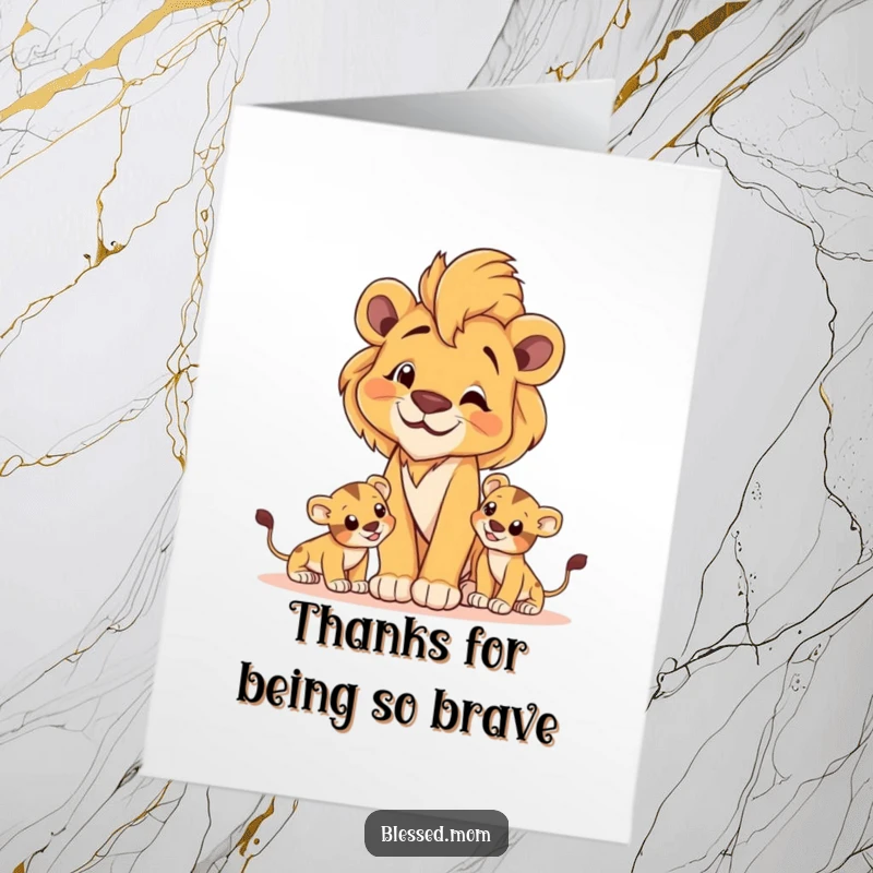 Free printable thank you card of a proud lioness watching her cubs play intensely.