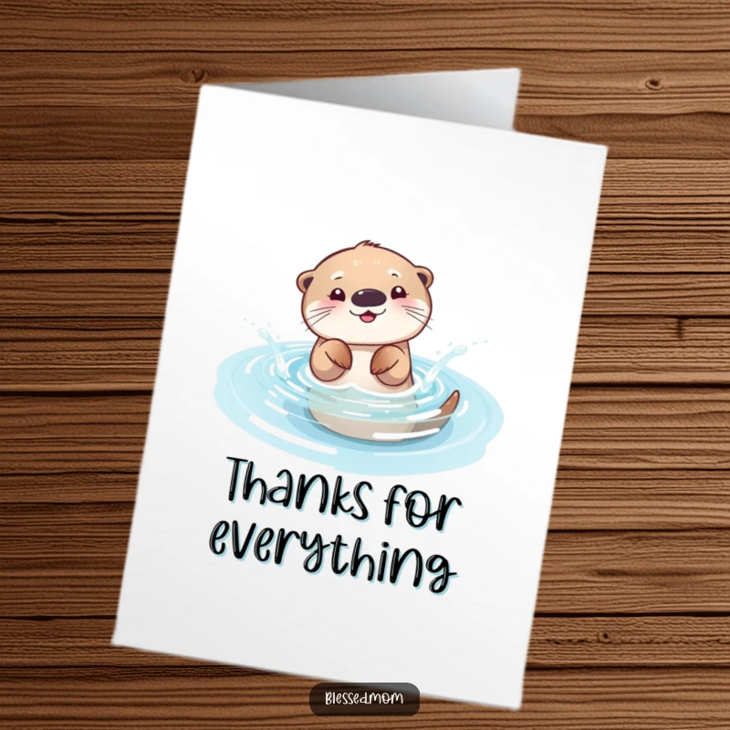 Funny Free Printable playful otter mom splashing water, sending thanks with a card, joyful and bright.