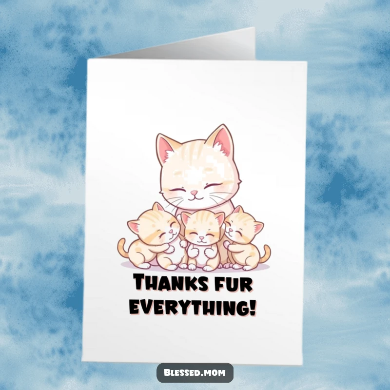 Funny Free Printable Thank You Card: Kawaii cat mother lovingly grooms her playful kittens, a sweet way to express gratitude.