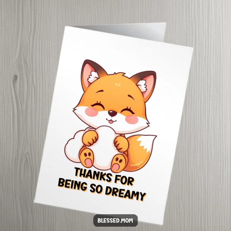 Funny Free Printable Thank You Card: A happy fox gently touching a soft cloud, conveying cloud-high gratitude.