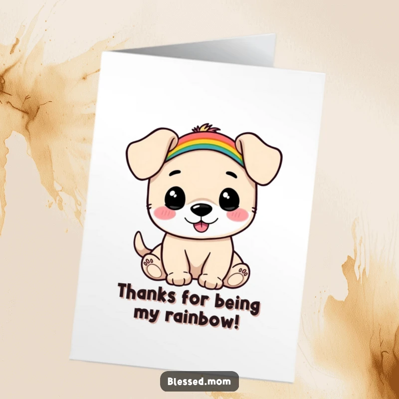 Funny Free Printable Thank You Card: Happy puppy balancing a small rainbow, a vibrant symbol of thanks.