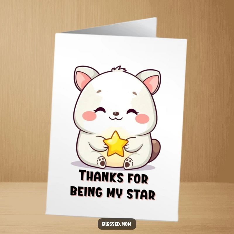 Funny Free Printable Thank You Card: Calm animal holds tiny glowing star, expressing gratitude, serene mood, downloadable art.