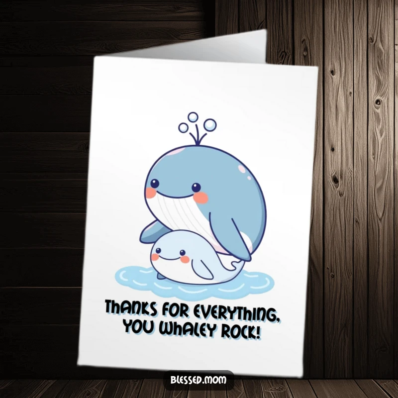 Funny Free Printable Thank You Card: Kawaii mother whale joyfully spouting water over her happy calf expressing thanks.