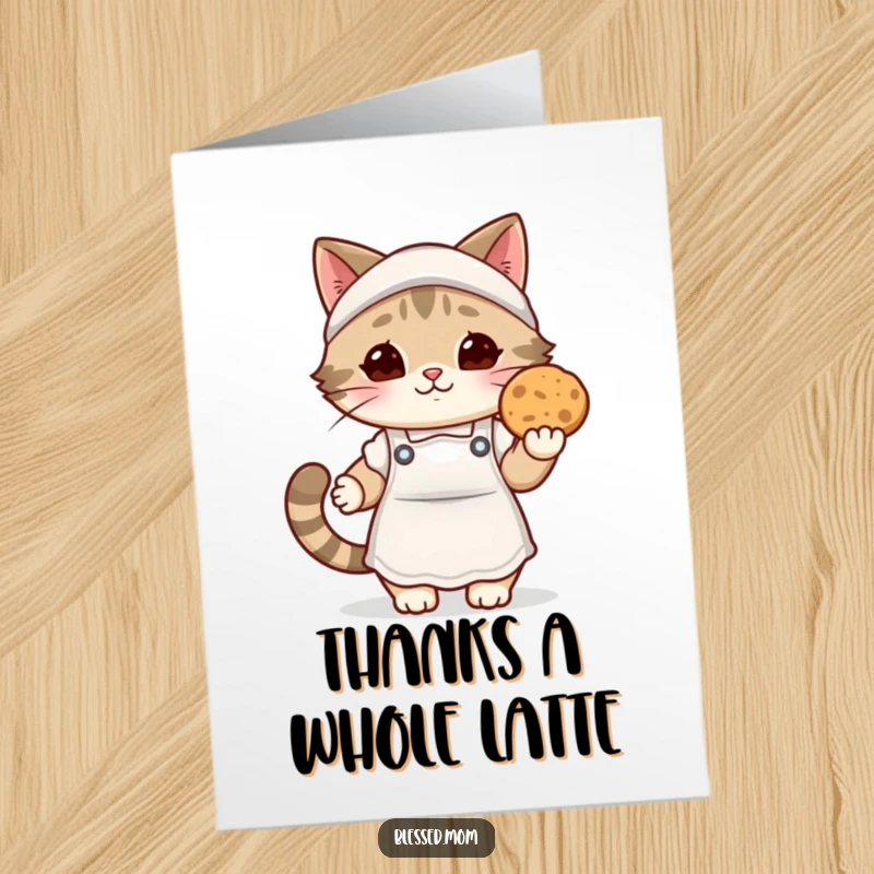 Funny Free Printable kawaii cat mom in cozy apron giving a warm cookie to say thank you.