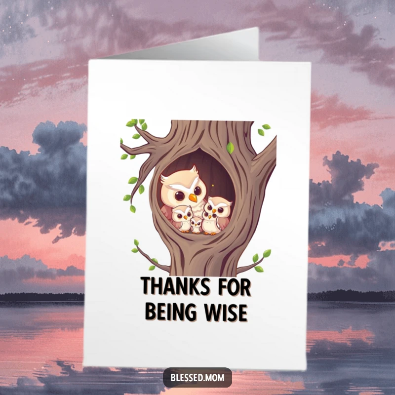 Free Printable Thank You Card: Wise owl mom hooting to owlets in a cozy tree hollow, expressing gratitude. A thoughtful DIY present.