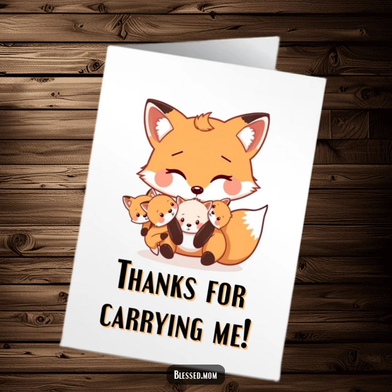 Funny Free Printable Fox Thank You Card: Kawaii mama fox playfully carrying her kits, conveying thanks with love.