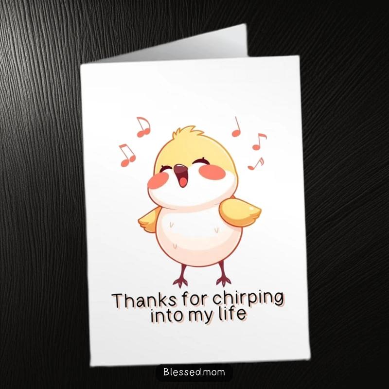 Funny Free Printable Thank You Card: A small bird serenading with a light halo, conveying heartfelt thanks with a cheerful melody.