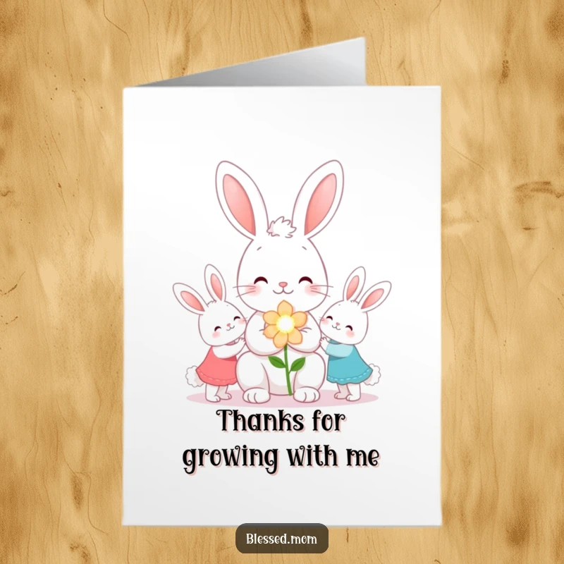 Funny Free Printable Kawaii Bunny Mom presenting a sparkling flower, ideal for a thank you card.