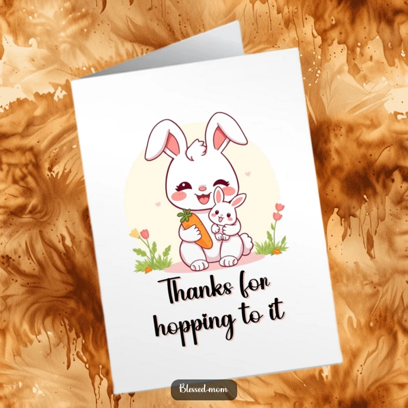 Free printable thank you card of a cheerful bunny mom holding a baby bunny and a carrot.