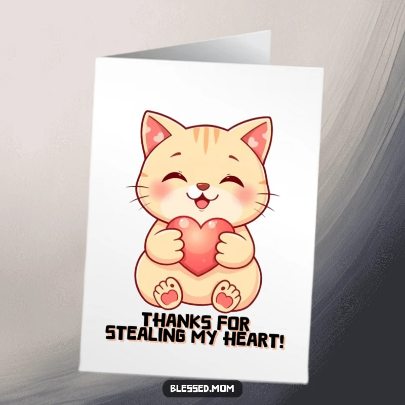Funny Free Printable Thank You Card: Adorable cat cradling a small, glowing heart to say thank you.