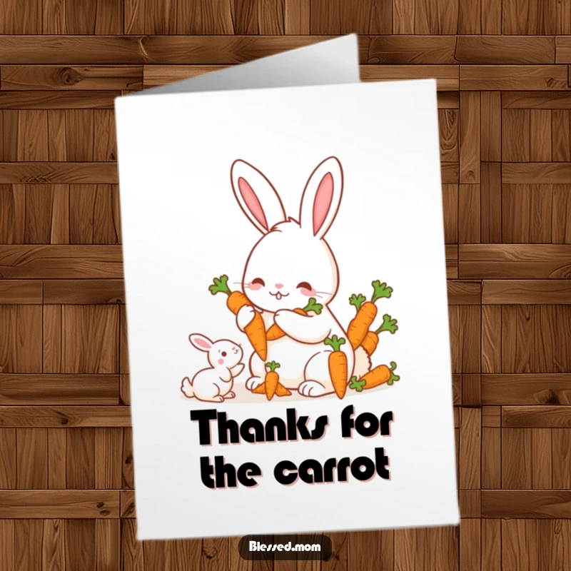 Funny Free Printable Thank You Card: A kawaii mother rabbit offering carrots to her offspring, with thanks.