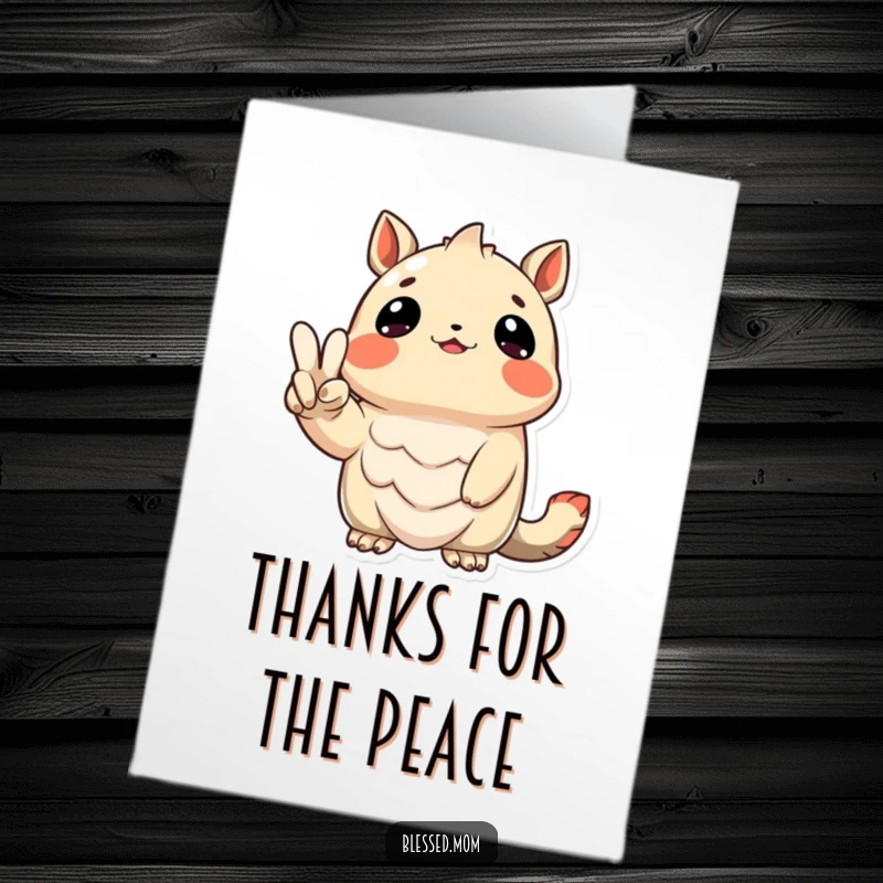 Funny Free Printable Thank You Card: Grateful creature holding peace sign, looking up, expressing thanks, funny, downloadable art.