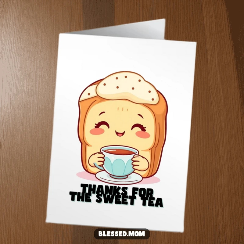Free Printable Thank You Card: Smiling mother scone offering tiny tea cup, expressing heartfelt thanks. A charming DIY present.