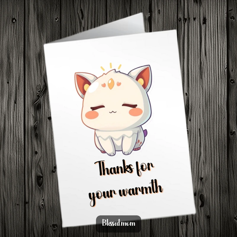 Funny Free Printable Thank You Card: Creature with eyes closed, radiating warm gentle glow, expressing thanks, peaceful, downloadable art.