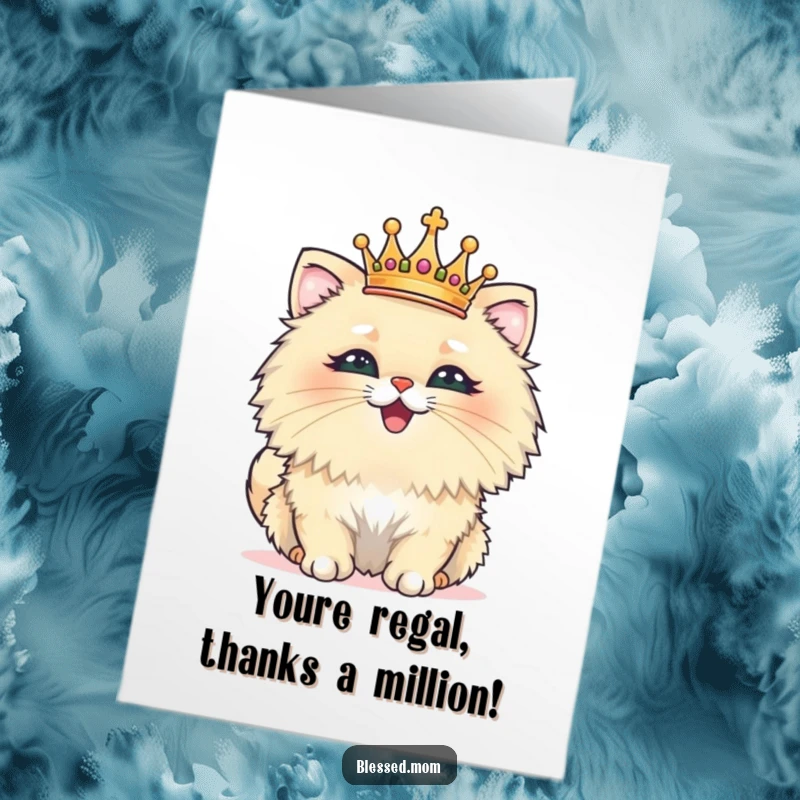 Funny free printable thank you card featuring a fluffy cat wearing a crown, delivering a proud and grateful message.