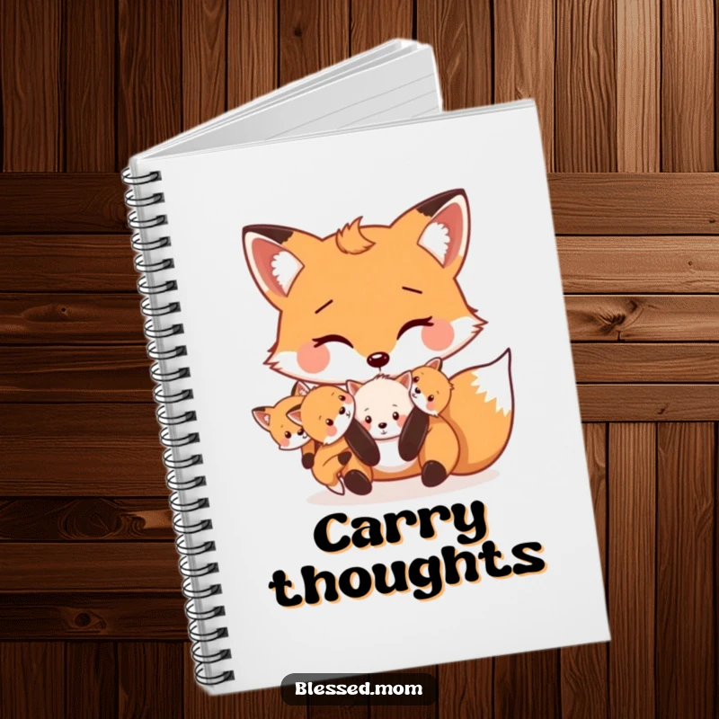 Funny Mama Fox notebook cover shows a cute fox carrying its kits playfully in its mouth, ideal for jotting down thoughts.