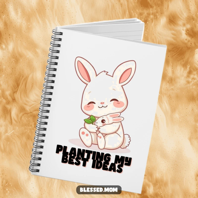 Funny bunny mom notebook, a sweet design of a mama hare holding a tiny sprout, perfect for journaling and noting down ideas.