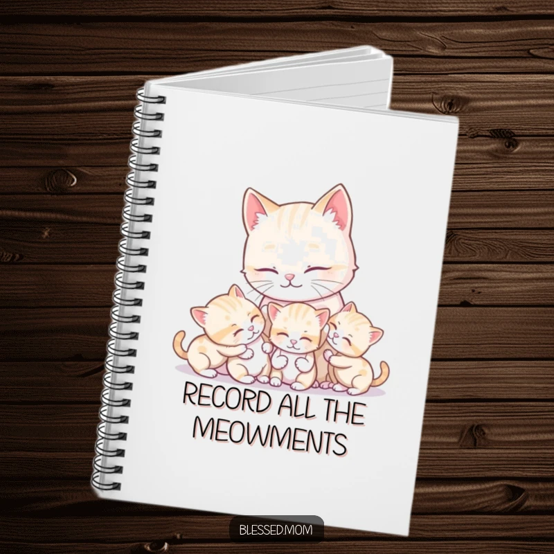 Funny kawaii mother cat grooming her playful kittens, featured on a notebook perfect for capturing ideas with a smile.