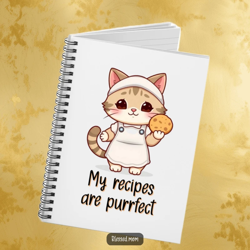 Funny kawaii cat mom notebook, a cute cat mom in a cozy apron offering a warm cookie, ideal for journaling and note-taking.