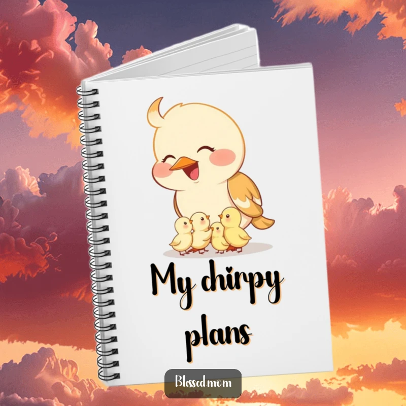 Funny mama bird notebook, a smiling mother bird feeding tiny chicks from her beak. Ideal for journaling and note-taking.