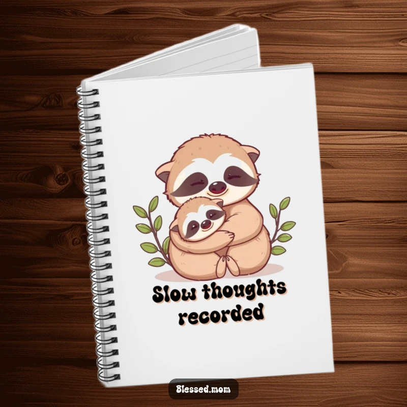 Funny Mama Sloth notebook cover shows a cute mama sloth slowly hugging her baby close, ideal for jotting down thoughts.
