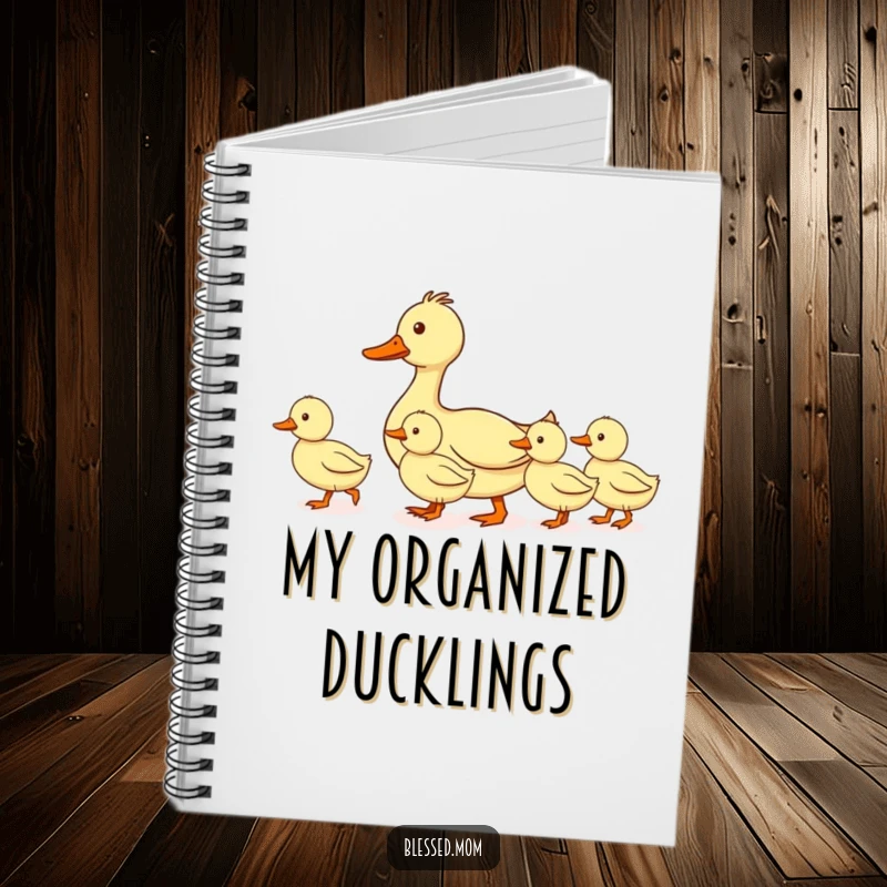 Funny mom duck notebook, featuring a mother duck leading her ducklings in a perfectly straight line, perfect for journaling, planning, or organizing thoughts.