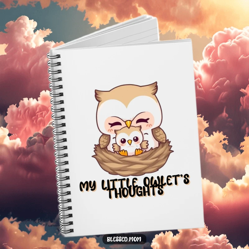 Funny notebook with a mother owl tucking her baby owl into a nest, ideal for jotting down notes and ideas.